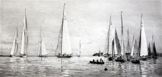 William Lionel Wyllie (1851-1931) Yachts off the Isle of Wight and Warships at sea, overall 9 x 15in.